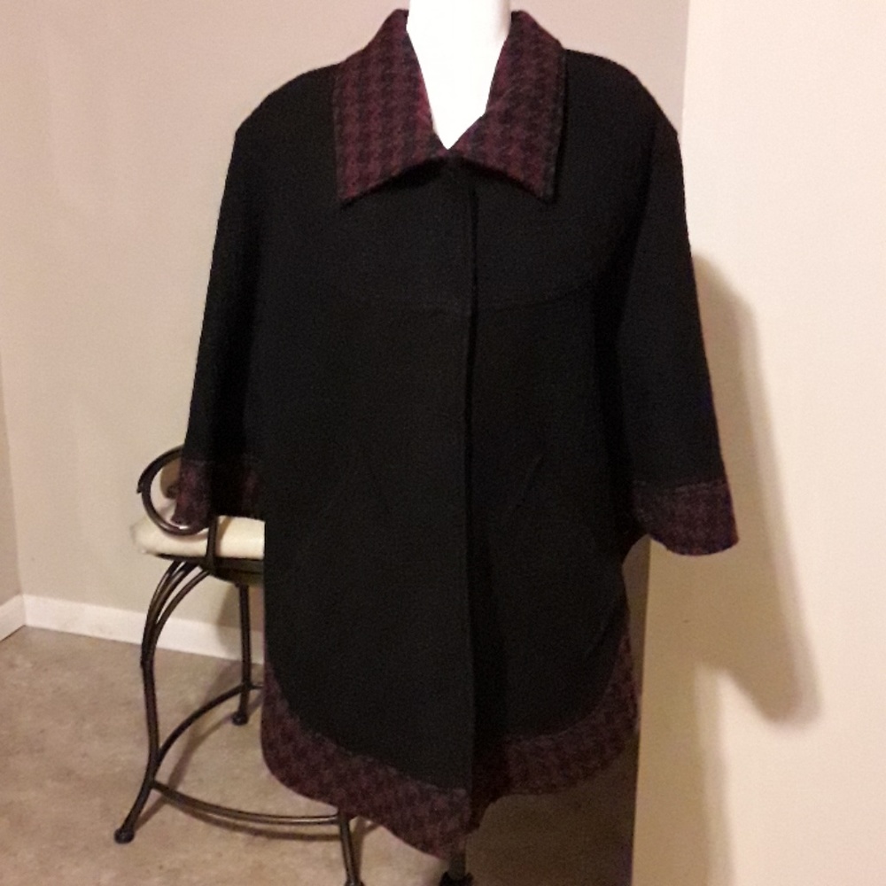 Wool trimmed in wool and rayon cape jacket